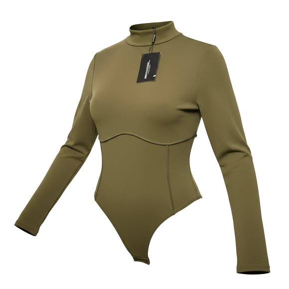 NWT PrettyLittleThings Olive Mock-Neck Long Sleeve Bodysuit Size 12 - Picture 2 of 11